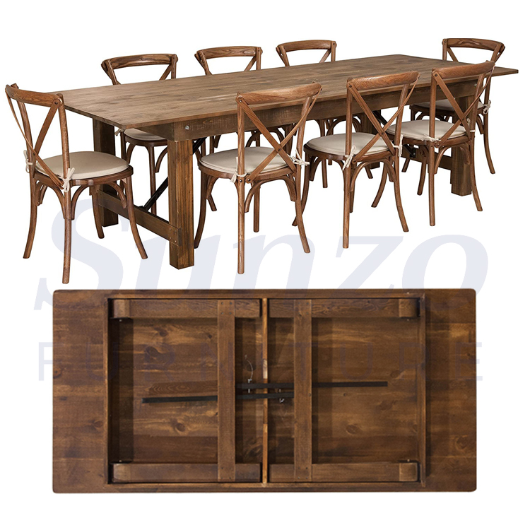 Table de ferme rustique pliante en bois de pin extérieur antique pour événement de mariage d'hôtel Tables pliantes en bois massif