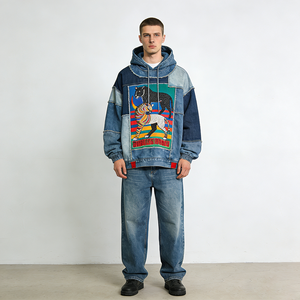 डोजर कस्टम एसिड धोने से परेशान कढ़ाई गैंडा महिलाओं की जींस पैंट और डेनिम हुडी पुरुषों के लिए निर्धारित ट्रैकसूट - Product Image 1