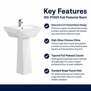 Lavabo quadrato autoportante <span class=keywords><strong>con</strong></span> base divisa e design smussato a taglio diamantato, lavabo moderno in ceramica per <span class=keywords><strong>bagno</strong></span>, lavabo da terra - Product Image 6