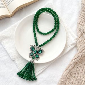 Traditional Chinese Style Green Beaded Necklace Flower Tassel Pendant Long Chain Fashion Jewelry Accessory - Product Image 4