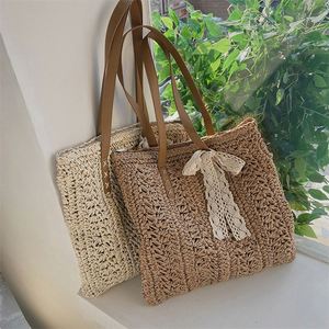 Sac fourre-tout en paille jacquard carré, en corde de coton, pour femme, style bambou, pour filles - Product Image 4