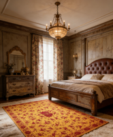 Tapis de chambre en laine rouge doré à motif floral tressé, à poils longs, motif grenade chinois traditionnel