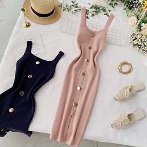T26130 Nuovo Abito Estivo da Donna alla Moda <span class=keywords><strong>con</strong></span> <span class=keywords><strong>Bottoni</strong></span>, Senza Maniche, Collo Quadrato, in <span class=keywords><strong>Maglia</strong></span> - Product Image 1