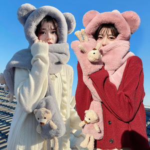 Cute Winter Fur Hat Gloves Hooded Scarf Set For Women Three Piece Neck Warmer Fresh Sweet Style - Product Image 2