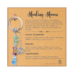 Porte-clés en acier inoxydable plaqué argent avec pendentif en pierre naturelle bohème, lotus et Bouddha, bijou unisexe, cadeau - Product Image 3