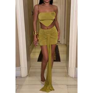 Ensemble jupe en tweed vert olive décontracté pour l'automne, haut court ajusté et pantalon en coton tissé, avec tissu tricoté brodé au niveau du genou - Product Image 6