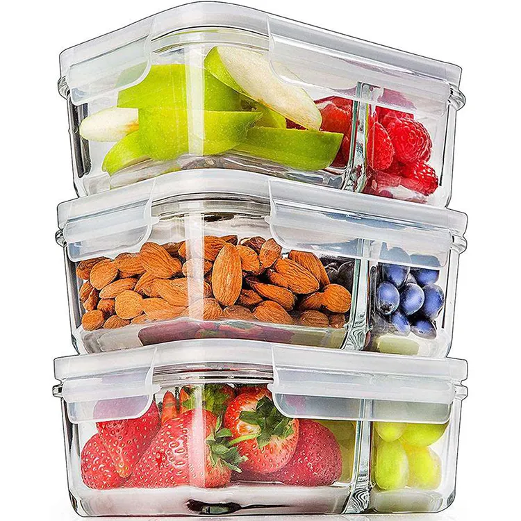 High Borosilicate glass meal prep Containers set 3 compartment lunch Boxes glass lunch box