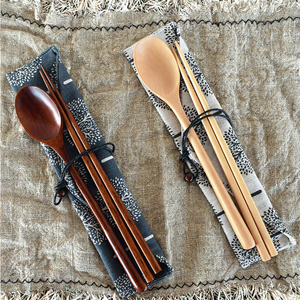 Japandi Design Eco-Friendly Reusable Wood Flatware Set Includes Chopsticks Spoon <b>Cloth</b> Bag for Travel Camping - Product Image 2