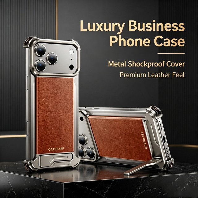 Luxury Leather Phone Case With Hidden Stand Frameless Aluminum Alloy Bumper Shockproof Cover Magnetic for iPhone 17 Pro Max Hot