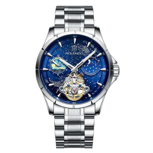 Moon Phase Earth Luminous Stainless Steel Mechanical Watch Accept Customization