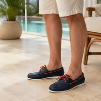 Mocassins de bateau pour hommes en cuir véritable huilé bleu marine, personnalisables avec logo, cousus main, style slip-on, pour la navigation, vente en gros