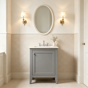 Mueble de Baño Moderno Minimalista de Madera Maciza Pintada en Gris con Tiradores Cromados, Lavabo de Cerámica y Desagüe de Acero Inoxidable - Product Image 4