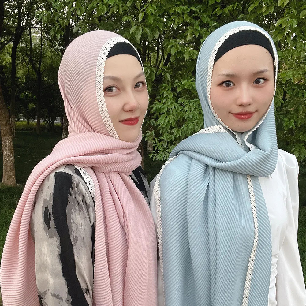Foulard musulman en coton plissé en dentelle, Hijab doux froissé, châle arabe, bandeau, écharpes malaisiennes