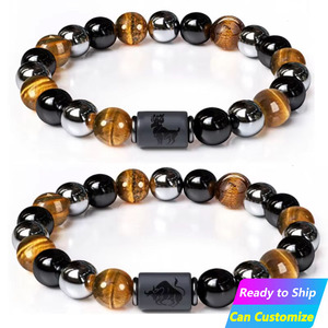 Bracelets en perles triples de 8 mm en gros pour les 12 <span class=keywords><strong>signes</strong></span> <span class=keywords><strong>du</strong></span> <span class=keywords><strong>zodiaque</strong></span>, y compris les bracelets en pierre œil de tigre, hématite et obsidienne - Product Image 1
