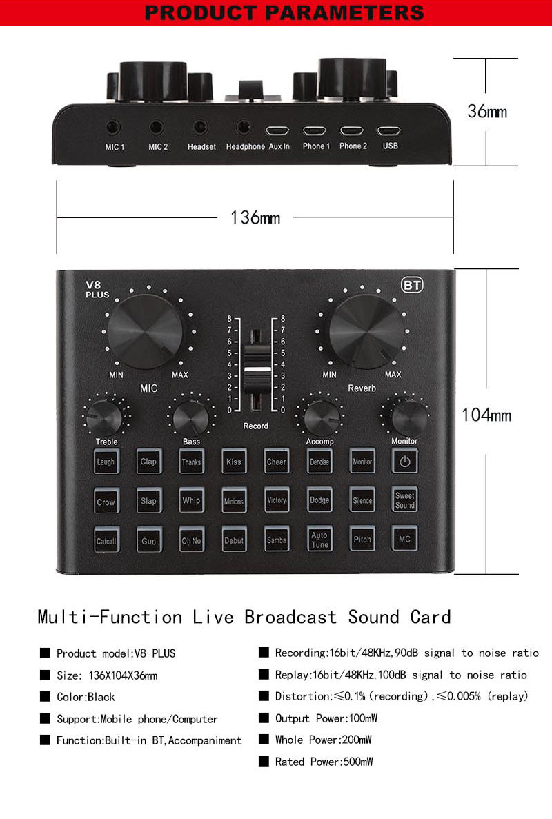Music sound card USB External Multi-function mixer V8 Plus Mac Computer Android Sound Cards