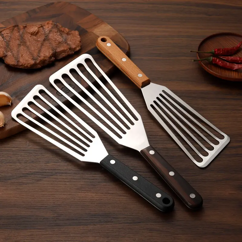 Steak sekop baja tahan karat multifungsi, alat memasak panekuk kembang gula dapur dengan kebocoran minyak