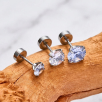 Kaishee Boucles d'oreilles clous en acier inoxydable 316L avec pierre en verre blanc 20G à dos plat, piercing corporel, bijoux à filetage externe