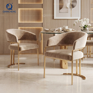 Poltrona da Pranzo di Lusso in Velluto con Schienale Curvo, Base <span class=keywords><strong>a</strong></span> T in Acciaio Inox Dorato, Sedia Imbottita per Ristoranti e Hotel - Product Image 4