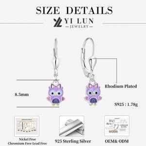 أقراط متدلية للفتيات من الفضة الإسترلينية-أقراط متدلية على شكل حيوان بمينا أرجواني لطيف مع قوس - Product Image 4