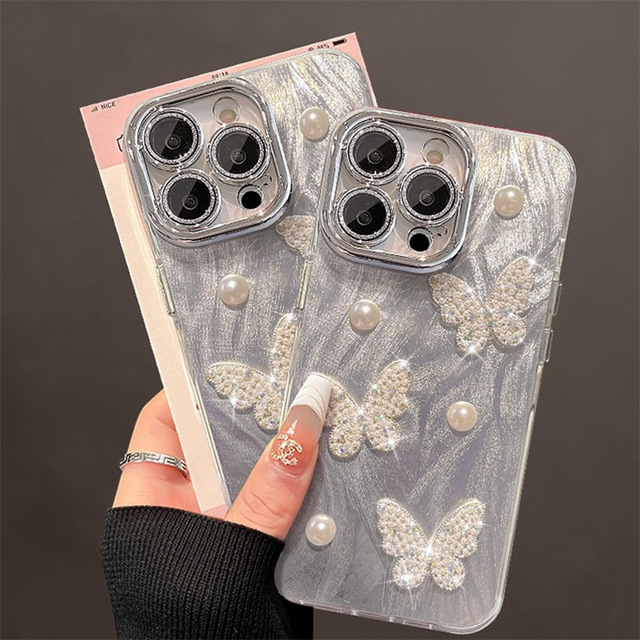 Pearl Butterfly Mobile Phone Case for iPhone 16 Fully Wrapped Women's Fashion Luxury Design Phone Cover for iphone 17 15 14 Plus