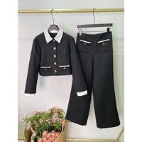 OUDINA Nouvel ensemble deux pièces élégant pour femme : Blazer court en tweed à boutonnage simple et pantalon contrastant