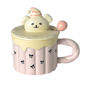 Mug keramik anak, kapasitas besar, lucu dengan tutup sendok gaya krim, cangkir sarapan khusus untuk anak-anak untuk pesta - Product Image 5
