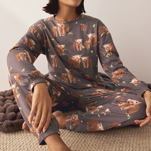 Women's Highland Cow Print Pajama Set - Long-Sleeve Top &amp; Jogger Pants Cozy Casual Sleepwear Cotton <strong>Pyjama</strong> for Lady - Product Image 1