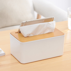 Caja de toalla de papel duradera de plástico, cubierta de madera de bambú con ranura para <span class=keywords><strong>teléfono</strong></span> móvil, contenedor de pañuelos para servilletas - Product Image 2