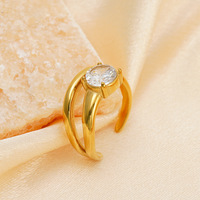 Bague ouverte réglable classique en acier inoxydable à double couche plaquée or 18 carats avec zircon clair incrusté
