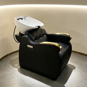 Luxury <b>Black</b> Shampoo Bed Semi-<b>reclining</b> Shampoo <b>Chair</b> with Footrest and Electric Leg Adjustment for Barber Shop - Product Image 1