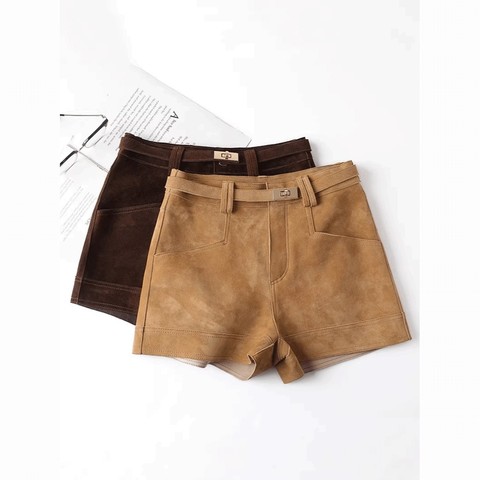 HN6601 Vintage Goat Leather Suede Texture Shorts Genuine Leather Shorts for Women Mid High Waist Slim Fit with Gold Buckle Belt