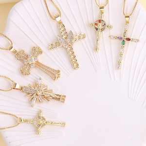 Collane Classiche Religiose in Rame Placcato con Croce per <span class=keywords><strong>Uomo</strong></span> e Donna, Catene 18k con <span class=keywords><strong>Pietre</strong></span> di Zirconia - Product Image 2