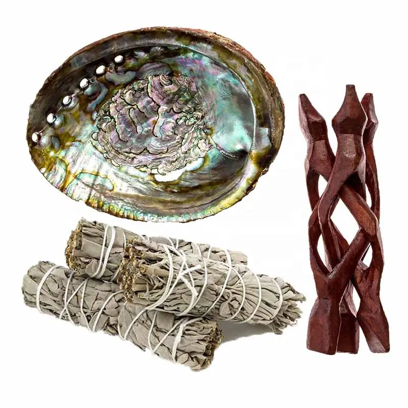Abalone Shell Smudging Kit With 2xWhite Sage, 1xNatural Untouched Raw Abalone Shell, 1xWood Shell Stand,