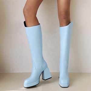 Simple Solid Platform Thick Bottom <b>Boots</b> Women Winter Shoes Walking Chunky Heel Knee High <b>Boots</b> Square Toe Back Zipper 43 - Product Image 1