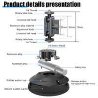 Support à ventouse de 6 pouces avec bras articulé, pompe manuelle en métal, capacité de charge verticale de 70 kg, base en silicone, filetage 1/4 pouces pour