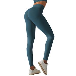 Leggings de sport à taille haute personnalisés, pour la course à pied et le fitness, contrôle du ventre, couleur unie, tricot sans couture, spandex/nylon, pantalon de yoga - Product Image 1