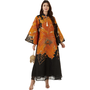 Abaya de Poliéster de Lujo Hecha a Mano <span class=keywords><strong>para</strong></span> Mujeres Musulmanas, Elegante Diseño Floral Dorado, Estilo Boda, Larga hasta el Suelo, Manga Larga con Detalle de Borlas - Product Image 1