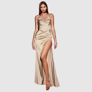 Robe longue élégante en satin couleur unie, respirante, sexy, à fente haute, pour soirée d'été, vente en gros, haute qualité, pour femme - Product Image 3