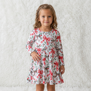 Robe de noël imprimée à manches longues pour filles, robe trapèze en coton avec motif de nœud papillon, longueur aux genoux, vêtements d'hiver pour enfants - Product Image 1