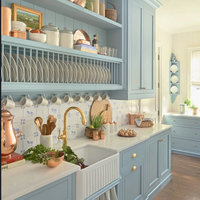 Meubles de cuisine modulaires écologiques, style Shaker bleu menthe côtier moderne avec îlot central