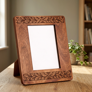 Cadre photo en bois fait main, rectangulaire, vertical, décoration de table, sculpture de feuilles classique, finition bois naturel, décoration intérieure, personnalisable - Product Image 1