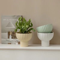 Modern Nordic Ribbed mangkuk bentuk putih Bisque keramik Pot bunga tanaman penanam