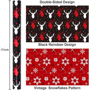 Red And Black Christmas <b>Wrapping</b> <b>Paper</b> 17 Inch X 33 Feet Double Side Reindeer Snowflake Pattern Holiday Gift Wrap - Product Image 3