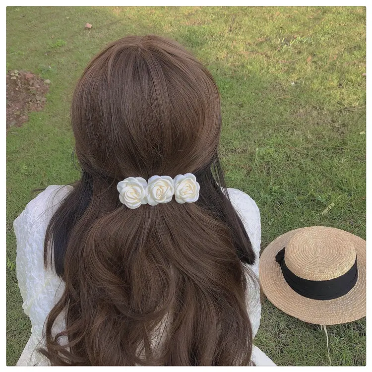سوبر لطيف الربيع شبكة النسيج وردة مصنوعة يدويًا مشبك شعر زهرة بيضاء الربيع كليب المهنية إكسسوارات الشعر