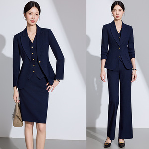 LadySElite Women's Dark Blue Suit Set Full Sleeve Polyester Worsted Anti-Wrinkle Office Lady Formal Wear Short Skirt - Product Image 1