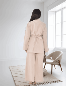 LE DUO Women's Wrap V-neck <b>Bell</b> Sleeve Long Sleeve Top with High Waisted Wide Leg Pants Two-Piece <b>Outfit</b> - Product Image 3