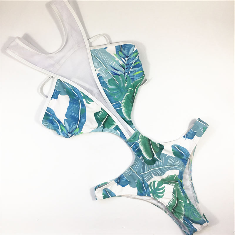 Summer fashion style leaves printed Ladies sexy swimsuit one-piece halter swimwear