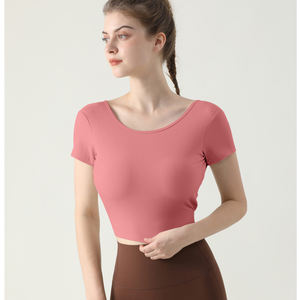 Women Cross Back Twist Yoga Crop Top Ribbed Short Sleeve Sports T-Shirt Built in <b>Bra</b> Fitness Workout Running Gym Active Wear - Product Image 2