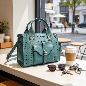 Sac à main élégant en cuir perforé avec poche avant à rabat et accents rivetés, sac décontracté à poignée supérieure - Product Image 5