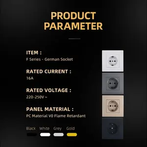 Interruptor e tomada de parede elétrica padrão da UE para uso doméstico, com aterramento padrão, painel Schuko de 250V 16A, tomada alemã